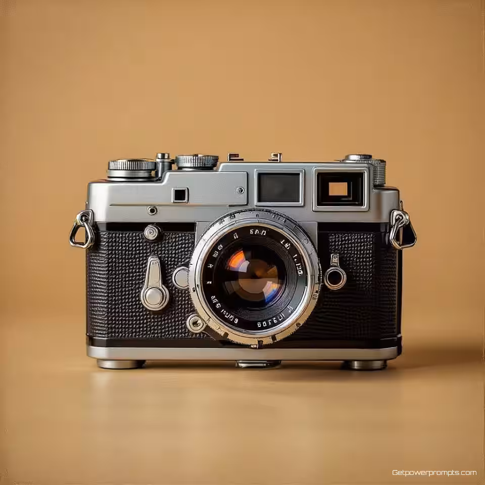 Klassieke filmcamera, vintage reclamefotografie, 1950s retro esthetiek, verouderd papier textuur achtergrond, zacht natuurlijk licht verlichting, retro kleurenpalet, nostalgische sfeer, commerciële display advertentie, filmkorrel effect, close-up perspectief, authentieke vintage stijl