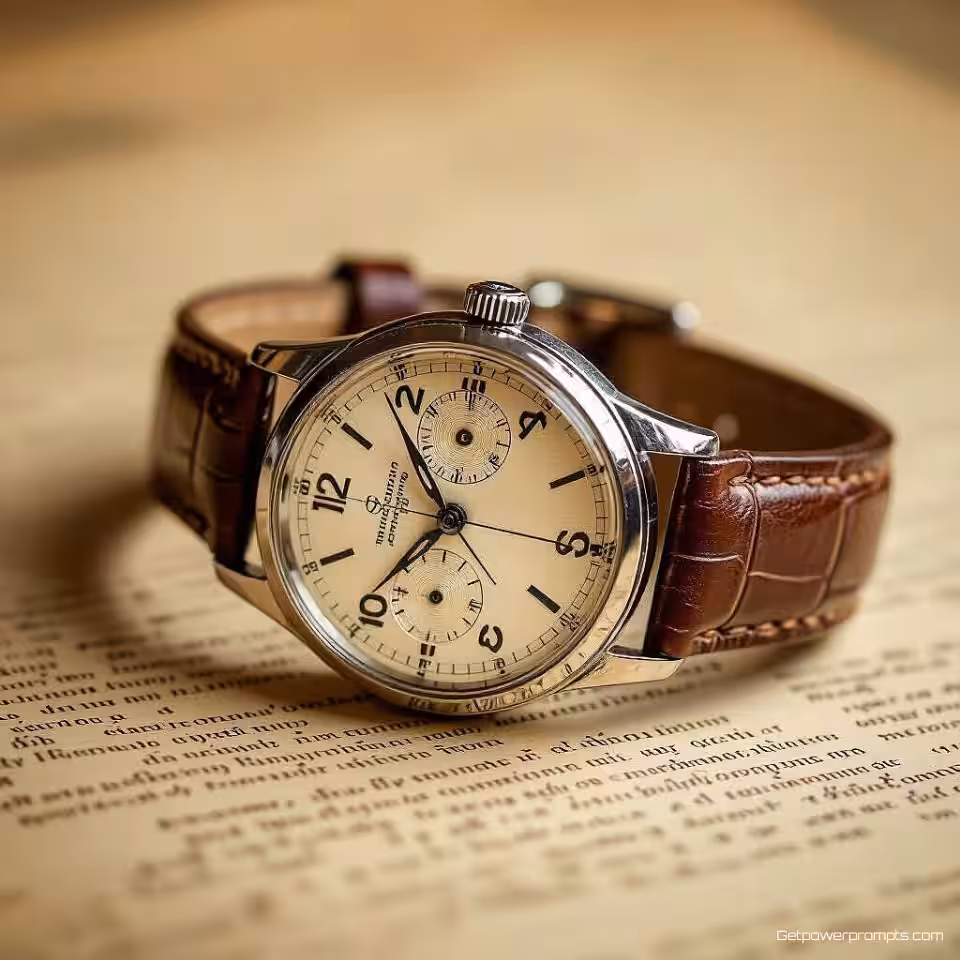 Retro polshorloge, vintage reclamefotografie, 1950s retro esthetiek, verouderd papier textuur achtergrond, zacht natuurlijk licht verlichting, retro kleurenpalet, nostalgische sfeer, commerciële display advertentie, filmkorrel effect, close-up perspectief, authentieke vintage stijl
