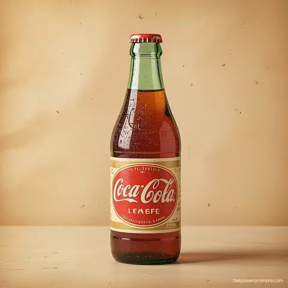 Vintage frisdrankfles, vintage reclamefotografie, 1950s retro esthetiek, verouderd papier textuur achtergrond, zacht natuurlijk licht verlichting, retro kleurenpalet, nostalgische sfeer, commerciële display advertentie, filmkorrel effect, close-up perspectief, authentieke vintage stijl