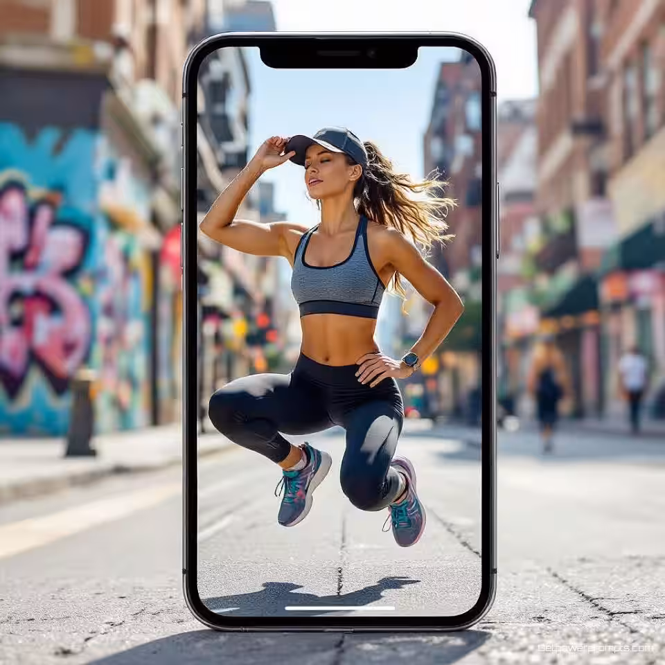 Fitnesskleding, social media advertentiefotografie, energiek sfeer, stedelijke straat achtergrond, natuurlijk daglicht belichting, mobiel geoptimaliseerde compositie, authentiek lifestyle moment, commerciële aantrekkingskracht, levendige kleuren, integratie in social media feed, professionele display ad esthetiek