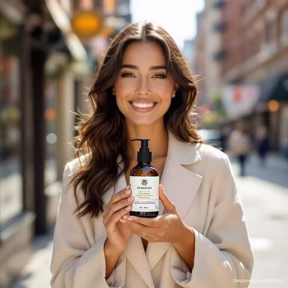 Biologisch huidverzorgingsproduct, social media advertentiefotografie, energiek sfeer, stedelijke straat achtergrond, natuurlijk daglicht belichting, mobiel geoptimaliseerde compositie, authentiek lifestyle moment, commerciële aantrekkingskracht, levendige kleuren, integratie in social media feed, professionele display ad esthetiek