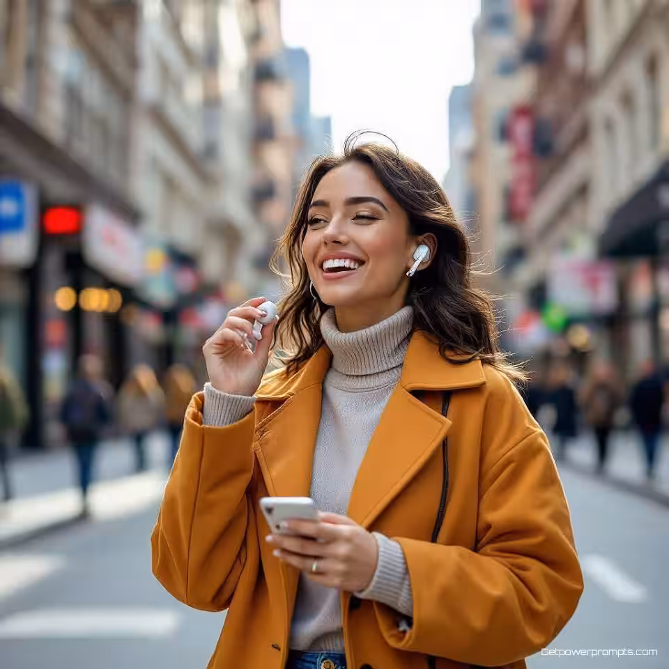 Draadloze oortelefoons, social media advertentiefotografie, energiek sfeer, stedelijke straat achtergrond, natuurlijk daglicht belichting, mobiel geoptimaliseerde compositie, authentiek lifestyle moment, commerciële aantrekkingskracht, levendige kleuren, integratie in social media feed, professionele display ad esthetiek