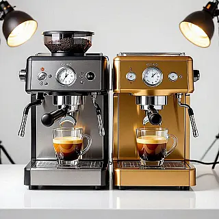 Premium Espressomachine, split-screen fotografie, schone witte achtergrond achtergrond, professionele studiolampen verlichting, gedetailleerde close-up shot perspectief, zij-aan-zij vergelijking, commerciële advertentie-esthetiek, professionele productweergave, scherpe focus, zwart-wit kleurenschema, visueel contrast, moderne marketinglay-out