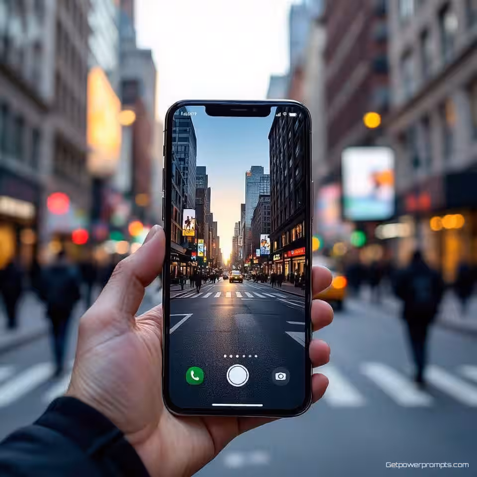 Nieuwste smartphone, urban streetfotografie, energiek sfeer, drukke stadstraat achtergrond, natuurlijk daglicht belichting, spontane straatstijl, natuurlijke stedelijke omgeving, commerciële advertentie-esthetiek, authentiek straatmoment, aards palet
