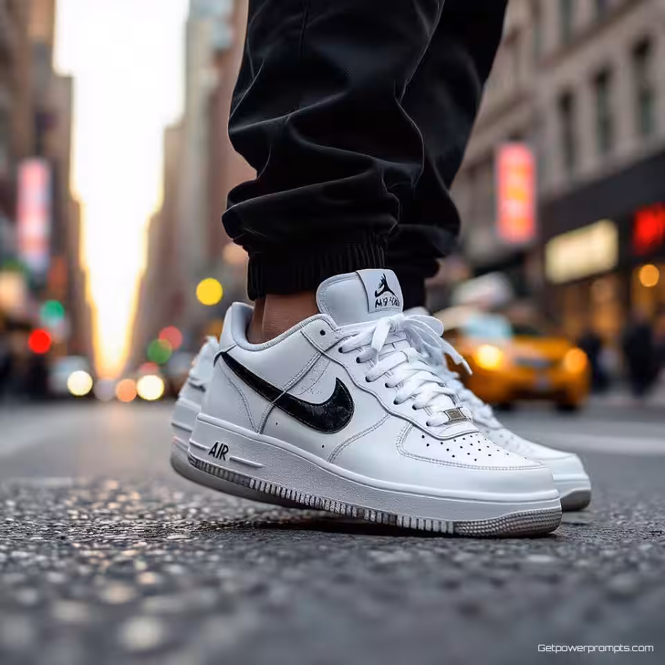 Limited edition sneakers, urban streetfotografie, energiek sfeer, drukke stadstraat achtergrond, natuurlijk daglicht belichting, spontane straatstijl, natuurlijke stedelijke omgeving, commerciële advertentie-esthetiek, authentiek straatmoment, aards palet