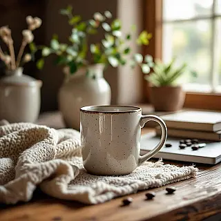 Ambachtelijke koffiemok, lifestylefotografie, thuiskantoor setting achtergrond, natuurlijk ochtendlicht verlichting, gezellige sfeer sfeer, e-mailheader compositie, natuurlijke texturen, authentieke lifestyle scène, professionele marketing esthetiek, zachte achtergrond focus, breed beeldformaat