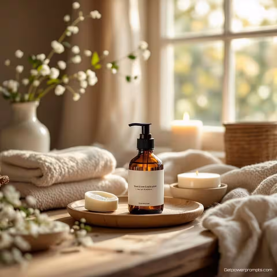 Natuurlijk huidverzorgingsproduct, lifestylefotografie, thuiskantoor setting achtergrond, natuurlijk ochtendlicht verlichting, gezellige sfeer sfeer, e-mailheader compositie, natuurlijke texturen, authentieke lifestyle scène, professionele marketing esthetiek, zachte achtergrond focus, breed beeldformaat