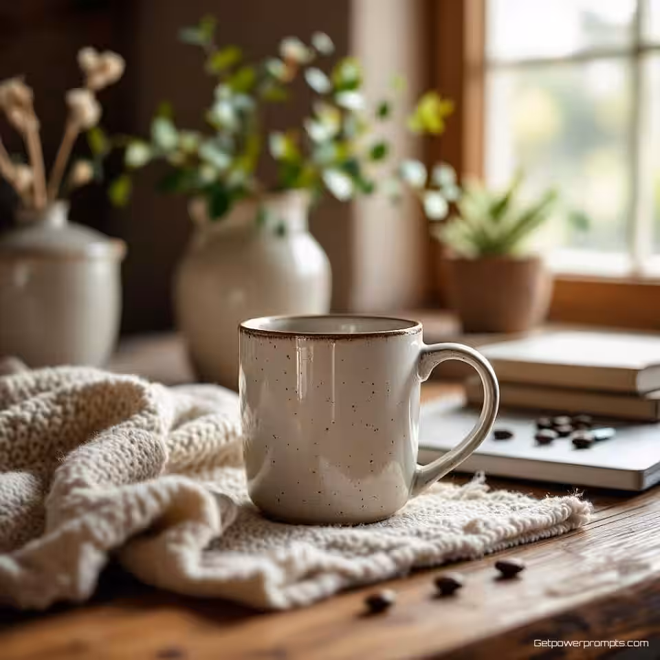 Ambachtelijke koffiemok, lifestylefotografie, thuiskantoor setting achtergrond, natuurlijk ochtendlicht verlichting, gezellige sfeer sfeer, e-mailheader compositie, natuurlijke texturen, authentieke lifestyle scène, professionele marketing esthetiek, zachte achtergrond focus, breed beeldformaat