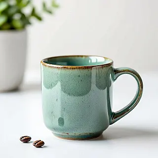 Ambachtelijke keramische koffiemok, product spotlight fotografie, schone witte achtergrond achtergrond, zachte studiobelichting verlichting, professionele sfeer sfeer, close-up perspectief, ondiepe scherptediepte, redactionele nieuwsbrief visueel, professionele presentatie, scherpe focus