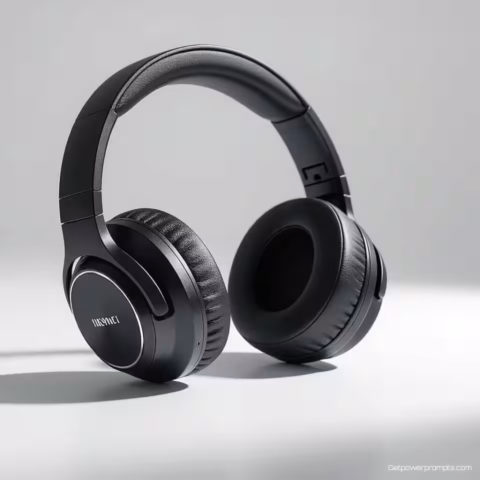 Draadloze premium hoofdtelefoon, product spotlight fotografie, schone witte achtergrond achtergrond, zachte studiobelichting verlichting, professionele sfeer sfeer, close-up perspectief, ondiepe scherptediepte, redactionele nieuwsbrief visueel, professionele presentatie, scherpe focus