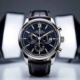 Luxe polshorloge, professionele productfotografie, schone witte achtergrond achtergrond, studio softbox verlichting verlichting, minimalistische sfeer sfeer, gecentreerde compositie, ondiepe scherptediepte, nieuwsbrief hoofdfoto, tekstoverlay ruimte, schone esthetiek, scherpe focus, commerciële presentatie