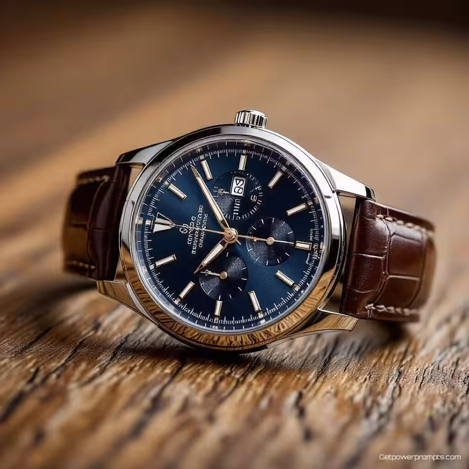 Luxe polshorloge, professionele productfotografie, natuurlijke houttextuur achtergrond, studio softbox verlichting verlichting, minimalistische sfeer sfeer, gecentreerde compositie, ondiepe scherptediepte, nieuwsbrief hoofdfoto, tekstoverlay ruimte, schone esthetiek, scherpe focus, commerciële presentatie