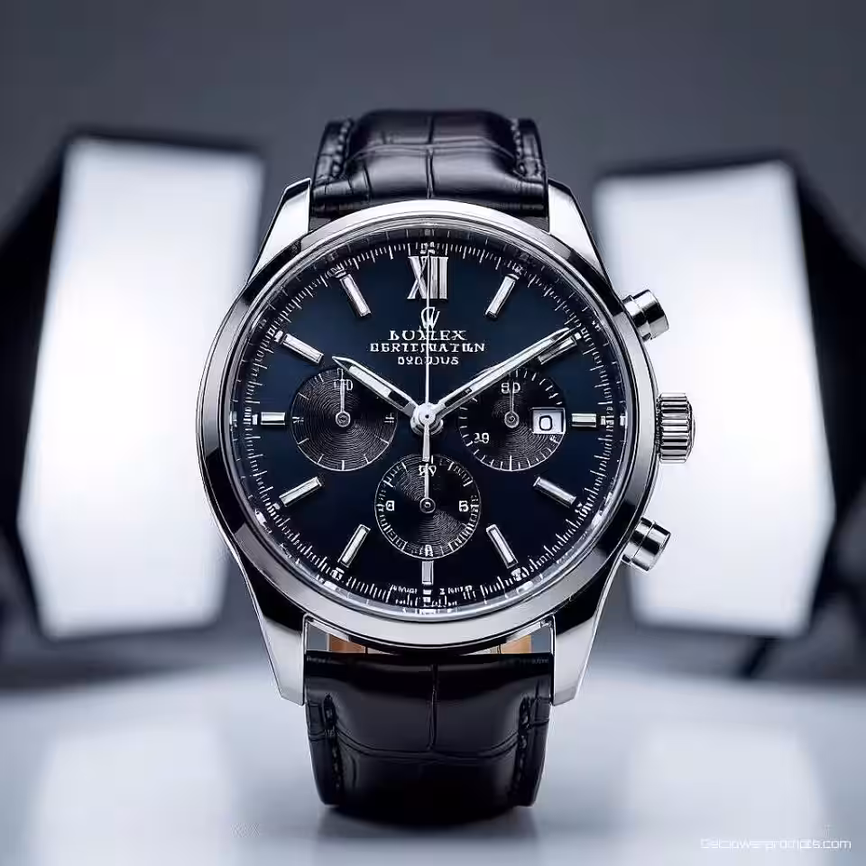 Luxe polshorloge, professionele productfotografie, schone witte achtergrond achtergrond, studio softbox verlichting verlichting, minimalistische sfeer sfeer, gecentreerde compositie, ondiepe scherptediepte, nieuwsbrief hoofdfoto, tekstoverlay ruimte, schone esthetiek, scherpe focus, commerciële presentatie