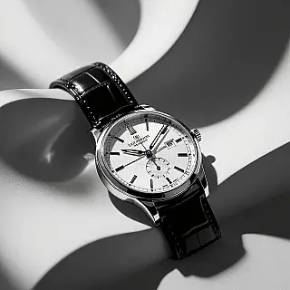 Luxe uurwerk, abstracte merkfotografie, elegant en geraffineerd sfeer, intiem en gedetailleerd perspectief, theatrale schaduwen belichting, enkel kleurenschema, geometrische elementen, vloeiende vormen, conceptuele merkidentiteit, professionele marketingvisual, artistieke interpretatie