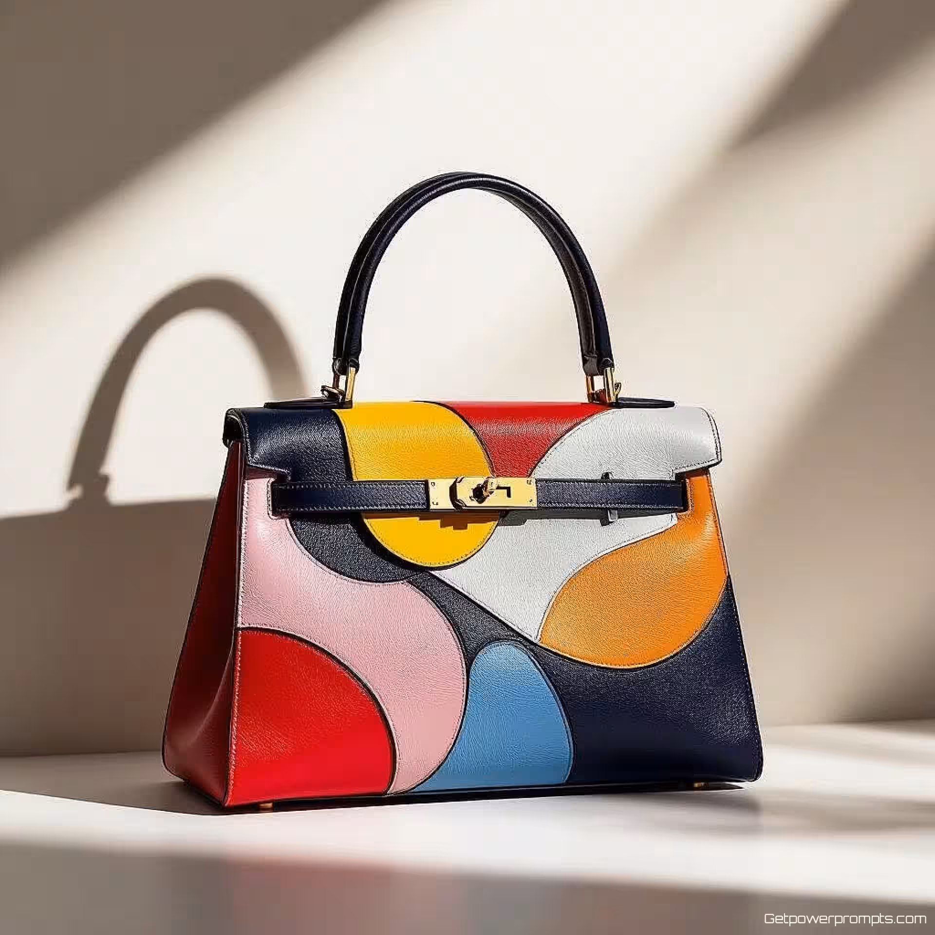 Designer handtas, abstracte merkfotografie, elegant en geraffineerd sfeer, intiem en gedetailleerd perspectief, theatrale schaduwen belichting, enkel kleurenschema, geometrische elementen, vloeiende vormen, conceptuele merkidentiteit, professionele marketingvisual, artistieke interpretatie