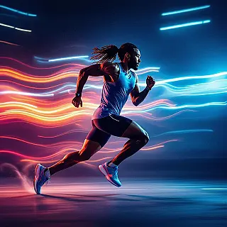 Professionele atleet die rent, cinematografische campagnefotografie, energievol atmosfeer, vloeiende beweging beweging, dramatische belichting belichting, warme tinten, dynamische compositie, professionele marketingvisual, motion blur effect, redactionele kwaliteit