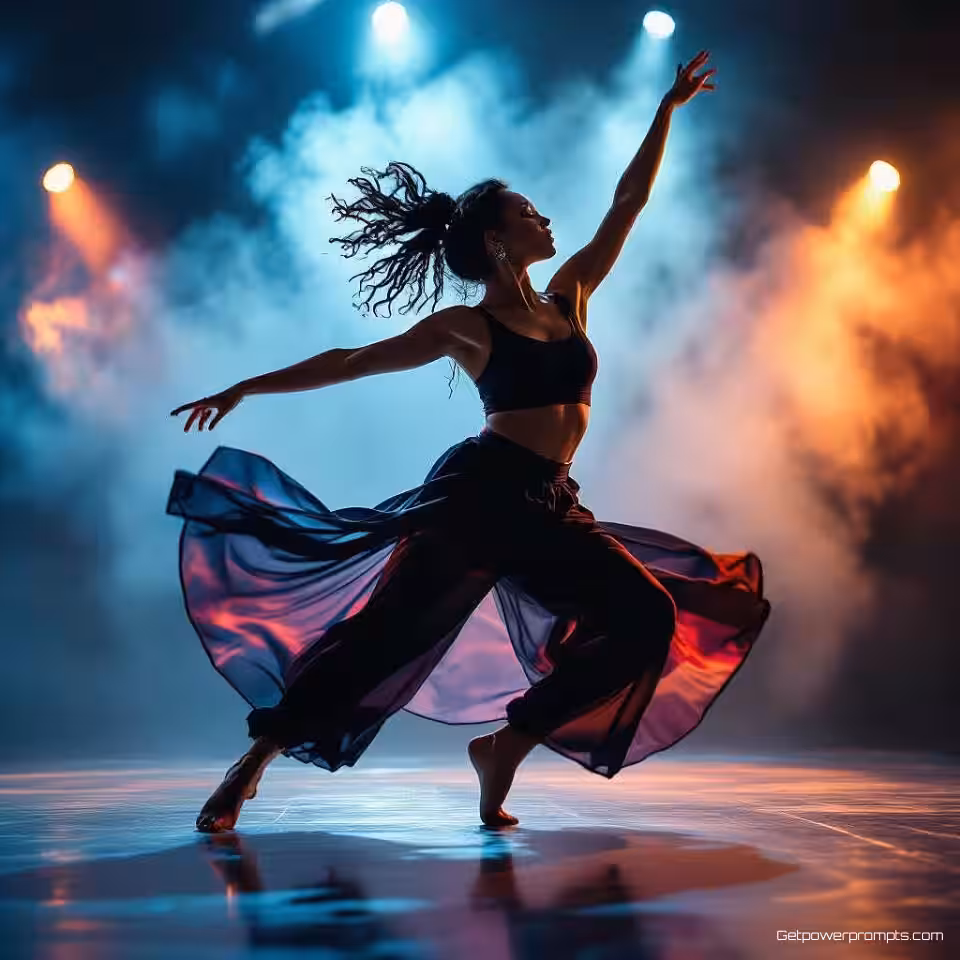 Hedendaagse danser die optreedt, cinematografische campagnefotografie, energievol atmosfeer, vloeiende beweging beweging, dramatische belichting belichting, warme tinten, dynamische compositie, professionele marketingvisual, motion blur effect, redactionele kwaliteit