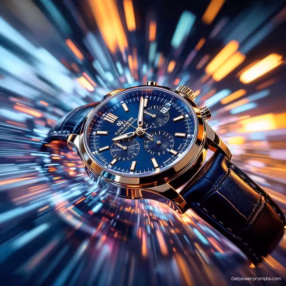 Luxe horloge in beweging, cinematografische campagnefotografie, energievol atmosfeer, vloeiende beweging beweging, dramatische belichting belichting, warme tinten, dynamische compositie, professionele marketingvisual, motion blur effect, redactionele kwaliteit