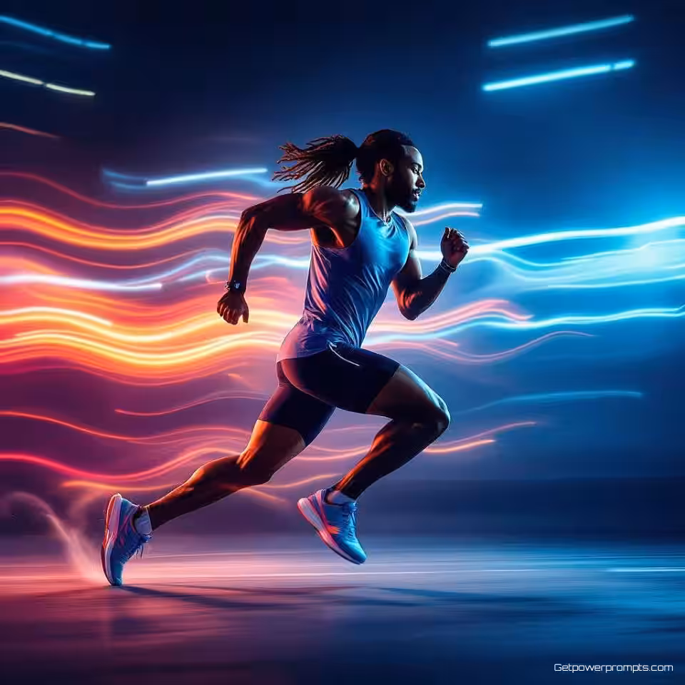 Professionele atleet die rent, cinematografische campagnefotografie, energievol atmosfeer, vloeiende beweging beweging, dramatische belichting belichting, warme tinten, dynamische compositie, professionele marketingvisual, motion blur effect, redactionele kwaliteit