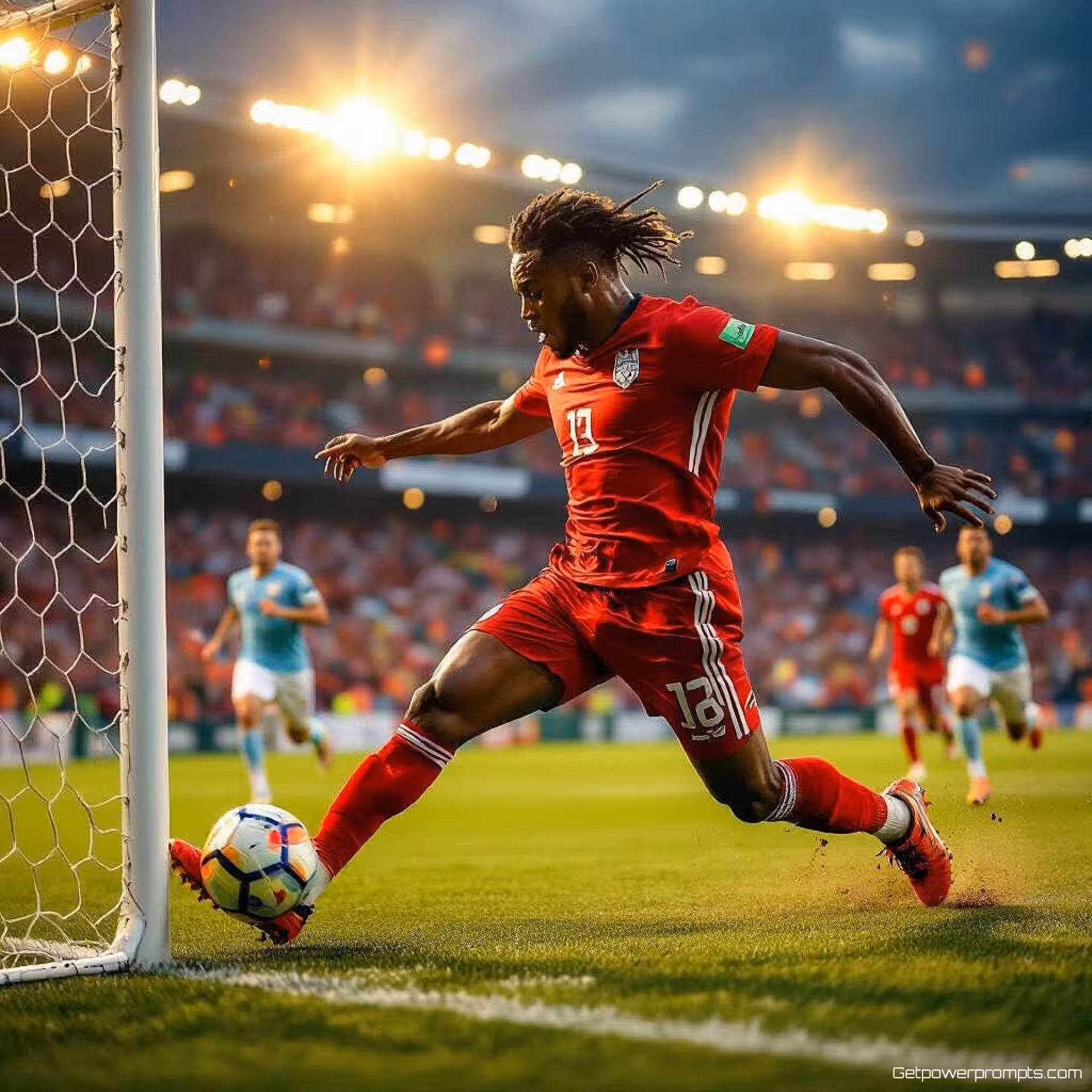 Voetballer die een goal scoort, actiesportfotografie, intens sfeer, lage hoek perspectief, dramatische zijbelichting belichting, levendige primaire kleuren, bewegingsregistratie, dynamische beweging, professionele campagnevisual, piekactiemoment, atletische energie