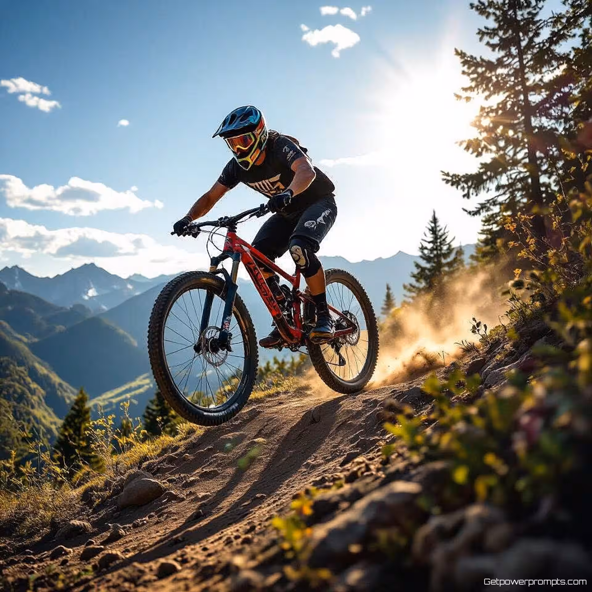 Mountainbiker die over een trail springt, actiesportfotografie, intens sfeer, lage hoek perspectief, dramatische zijbelichting belichting, levendige primaire kleuren, bewegingsregistratie, dynamische beweging, professionele campagnevisual, piekactiemoment, atletische energie