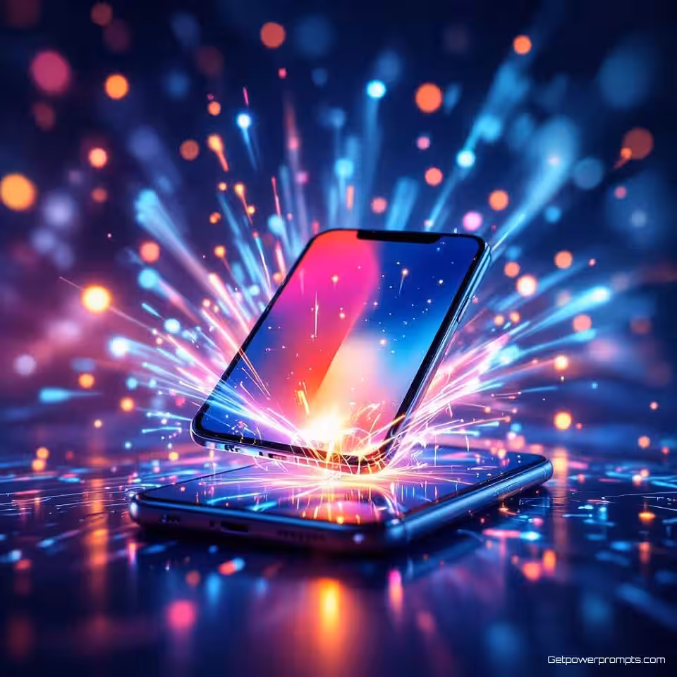 Smartphone met gloeiende interface, redactioneel fotografie, energiek stemming, dynamische hoek compositie, natuurlijk licht belichting, aards palet, redactionele campagne esthetiek, dynamische beweging, professionele marketing visual