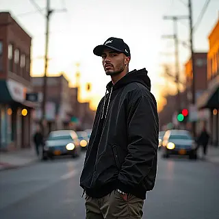 Streetwear model, stedelijke lifestylefotografie, energiek sfeer, straatscène achtergrond, gouden uur belichting belichting, straatniveau perspectief perspectief, spontaan moment, authentieke stedelijke esthetiek, professionele campagne visual, omgevingsverhaal