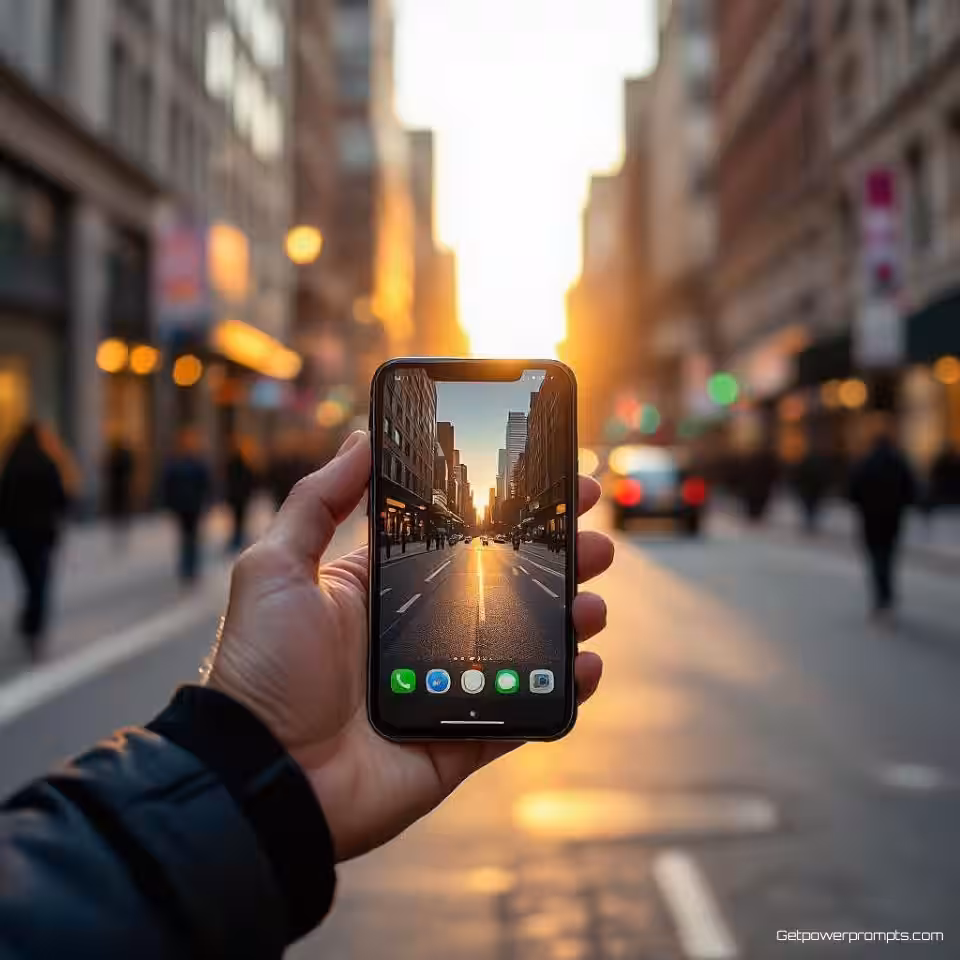 Smartphone in stedelijke omgeving, stedelijke lifestylefotografie, energiek sfeer, straatscène achtergrond, gouden uur belichting belichting, straatniveau perspectief perspectief, spontaan moment, authentieke stedelijke esthetiek, professionele campagne visual, omgevingsverhaal