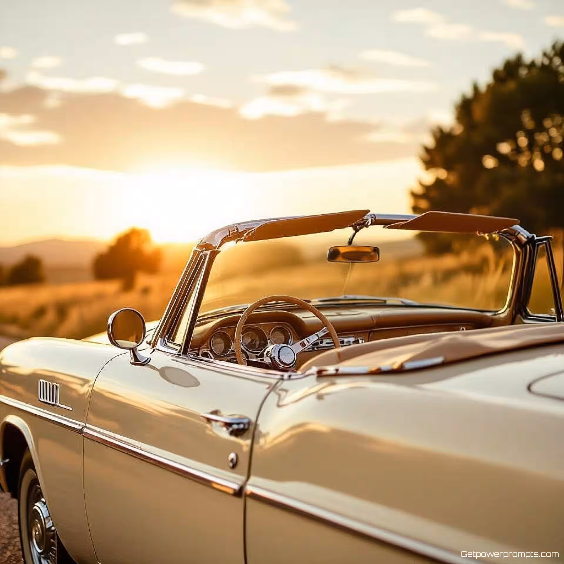 Klassieke cabrio, vintage retro campagnefotografie, nostalgisch sfeer, close-up perspectief, gouden uur belichting, verzadigde aardtinten, filmkorrel textuur, nostalgische esthetiek, analoge filmkwaliteit, professioneel marketingvisueel, retro stijl, authentieke vintage uitstraling