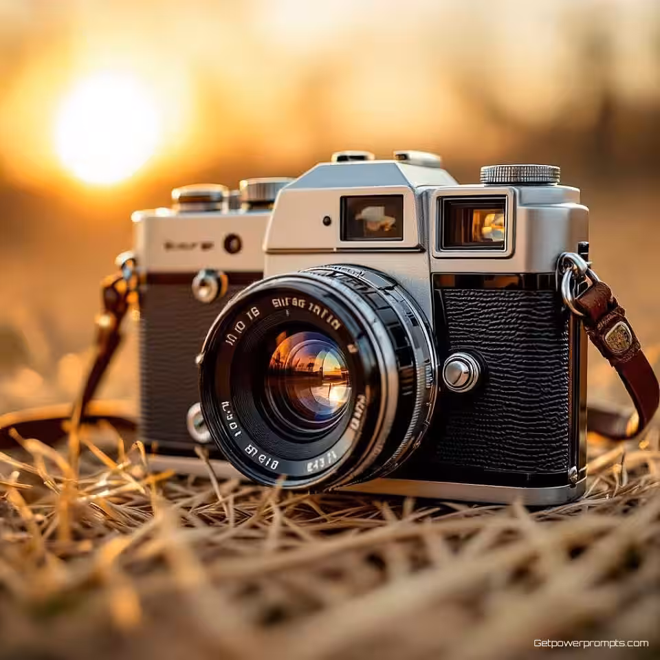 Vintage camera, vintage retro campagnefotografie, nostalgisch sfeer, close-up perspectief, gouden uur belichting, verzadigde aardtinten, filmkorrel textuur, nostalgische esthetiek, analoge filmkwaliteit, professioneel marketingvisueel, retro stijl, authentieke vintage uitstraling