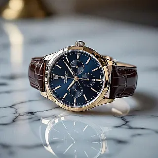 Luxe polshorloge, reflectiefotografie, marmeren achtergrond achtergrond, zachte studiobelichting belichting, close-up perspectief, luxueus sfeer, gespiegeld oppervlak reflectie, professionele marketing esthetiek, scherpe focus, commerciële aantrekkingskracht, elegante productpresentatie