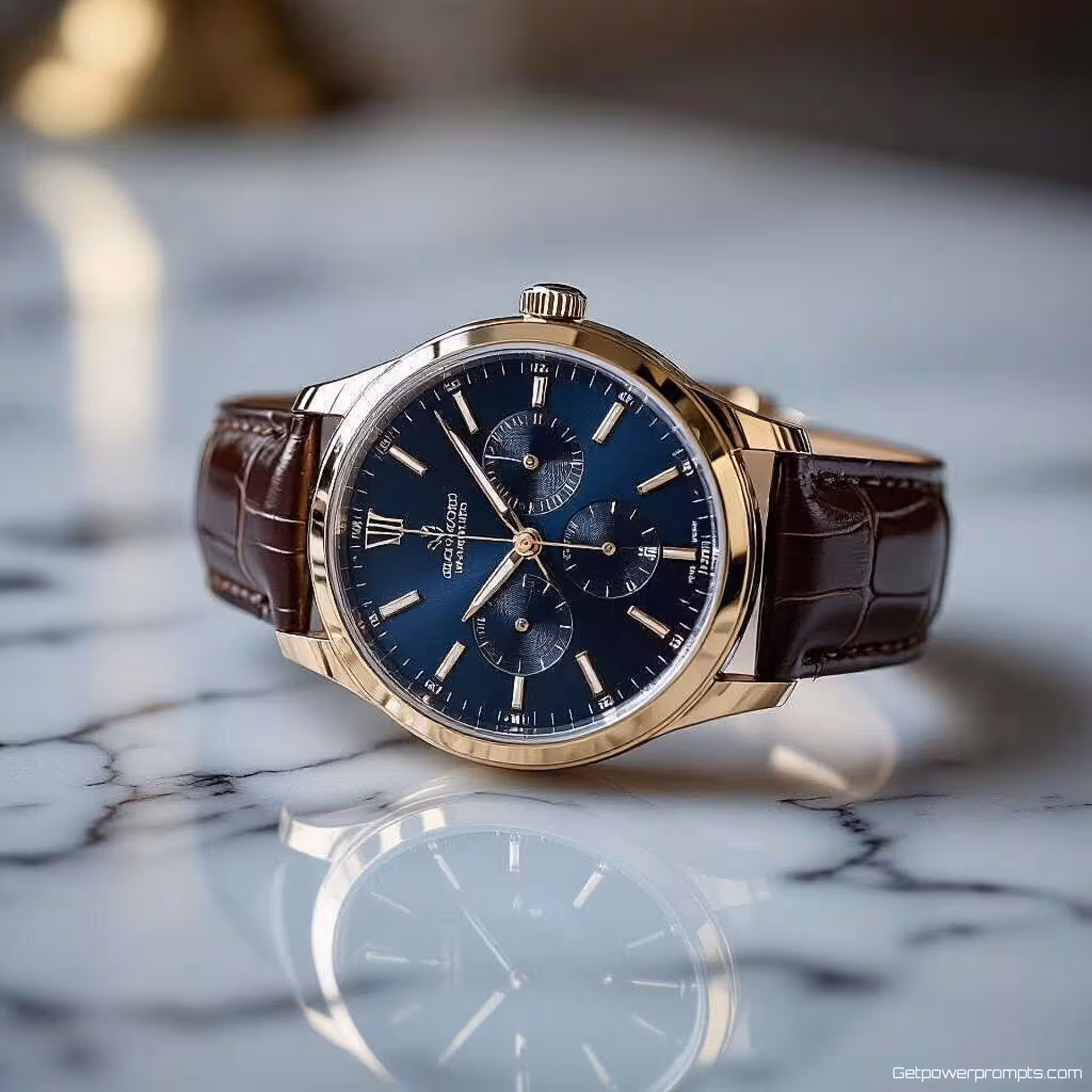 Luxe polshorloge, reflectiefotografie, marmeren achtergrond achtergrond, zachte studiobelichting belichting, close-up perspectief, luxueus sfeer, gespiegeld oppervlak reflectie, professionele marketing esthetiek, scherpe focus, commerciële aantrekkingskracht, elegante productpresentatie