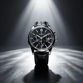 Luxe horloge, spotlight fotografie, donkere studio achtergrond, harde spotlight verlichting, dramatische compositie, dramatisch sfeer, enkele lichtbron, hoog contrast schaduwen, professionele marketing esthetiek, cinematische product onthulling, scherpe focus op product, donkere omgevingsomgeving, dramatische visuele impact