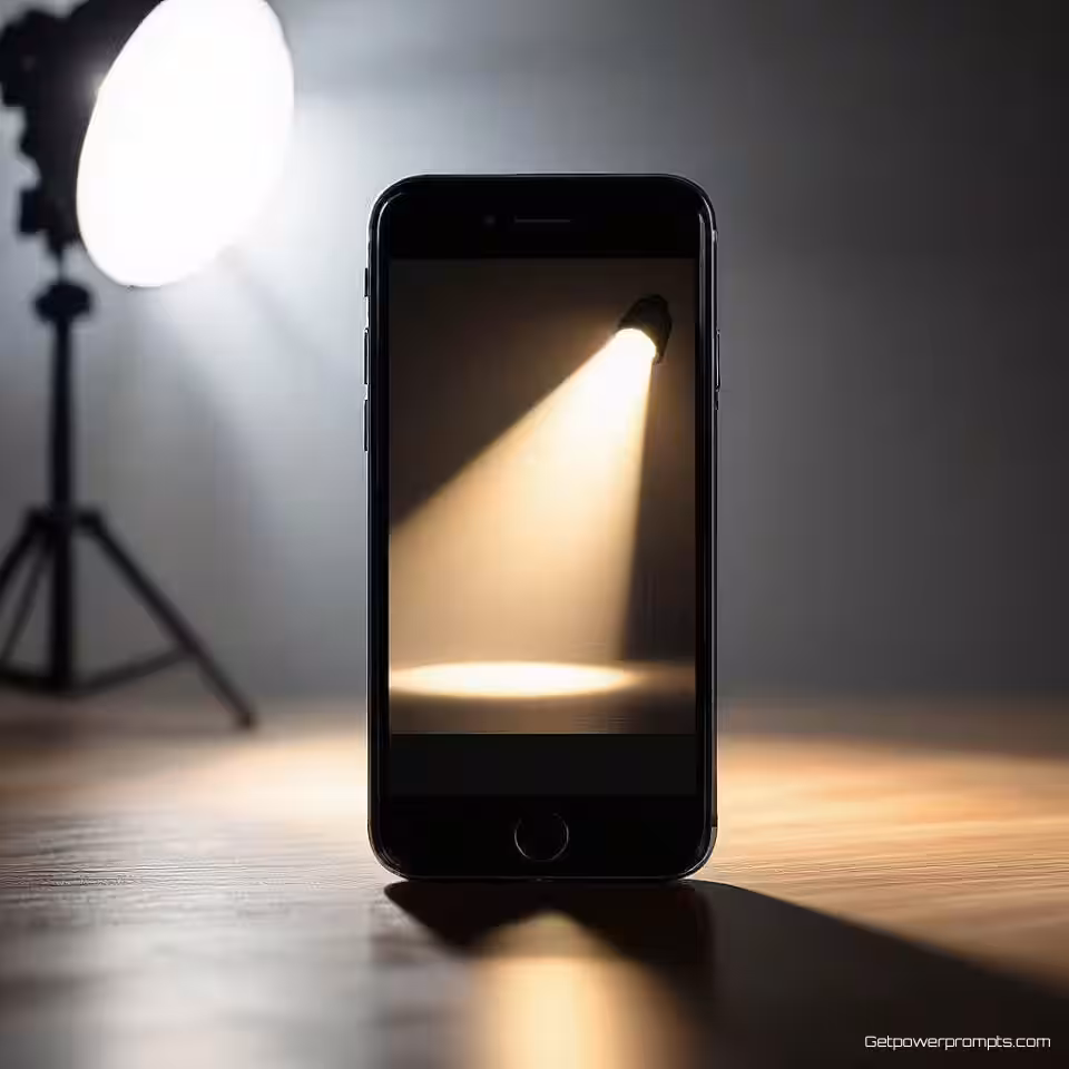Smartphone, spotlight fotografie, donkere studio achtergrond, harde spotlight verlichting, dramatische compositie, dramatisch sfeer, enkele lichtbron, hoog contrast schaduwen, professionele marketing esthetiek, cinematische product onthulling, scherpe focus op product, donkere omgevingsomgeving, dramatische visuele impact