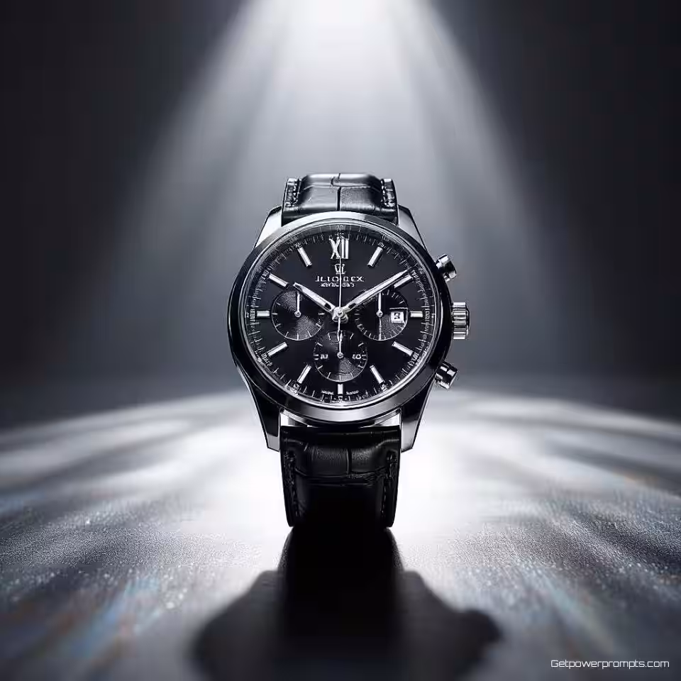 Luxe horloge, spotlight fotografie, donkere studio achtergrond, harde spotlight verlichting, dramatische compositie, dramatisch sfeer, enkele lichtbron, hoog contrast schaduwen, professionele marketing esthetiek, cinematische product onthulling, scherpe focus op product, donkere omgevingsomgeving, dramatische visuele impact