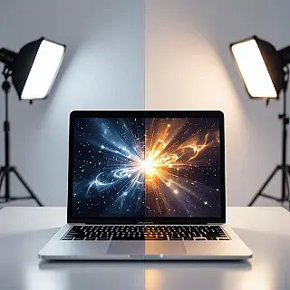 Laptop, transformatiesequentie fotografie, fotorealistisch stijl, studio achtergrond, dramatisch verlichting, diagonaal perspectief, dynamisch atmosfeer, voor-en-na productevolutie, dynamisch visueel verhaal, professionele marketing esthetiek, naadloos overgangseffect, scherpe focus op transformatiefasen, commerciële aantrekkingskracht