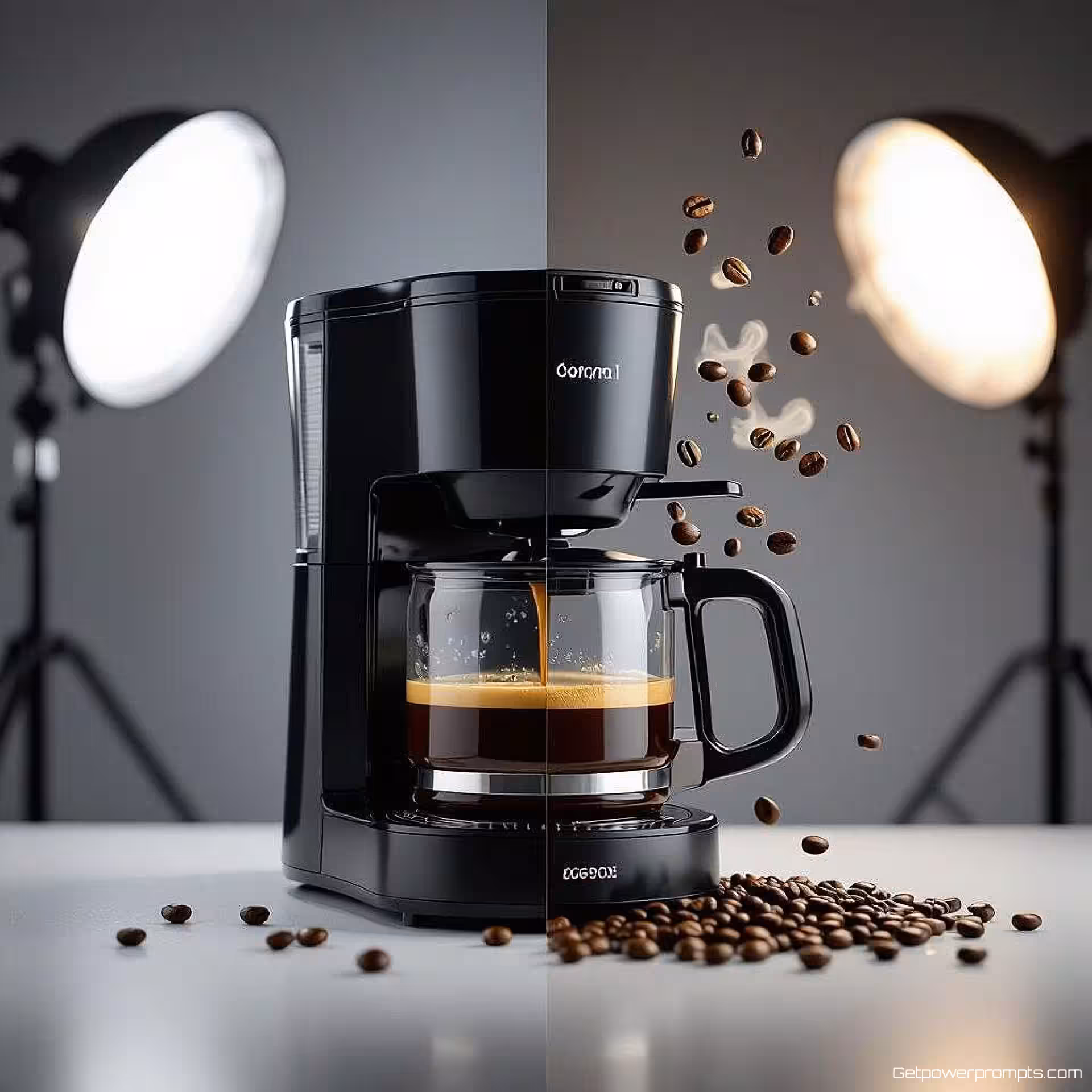 Koffiezetapparaat, transformatiesequentie fotografie, fotorealistisch stijl, studio achtergrond, dramatisch verlichting, diagonaal perspectief, dynamisch atmosfeer, voor-en-na productevolutie, dynamisch visueel verhaal, professionele marketing esthetiek, naadloos overgangseffect, scherpe focus op transformatiefasen, commerciële aantrekkingskracht