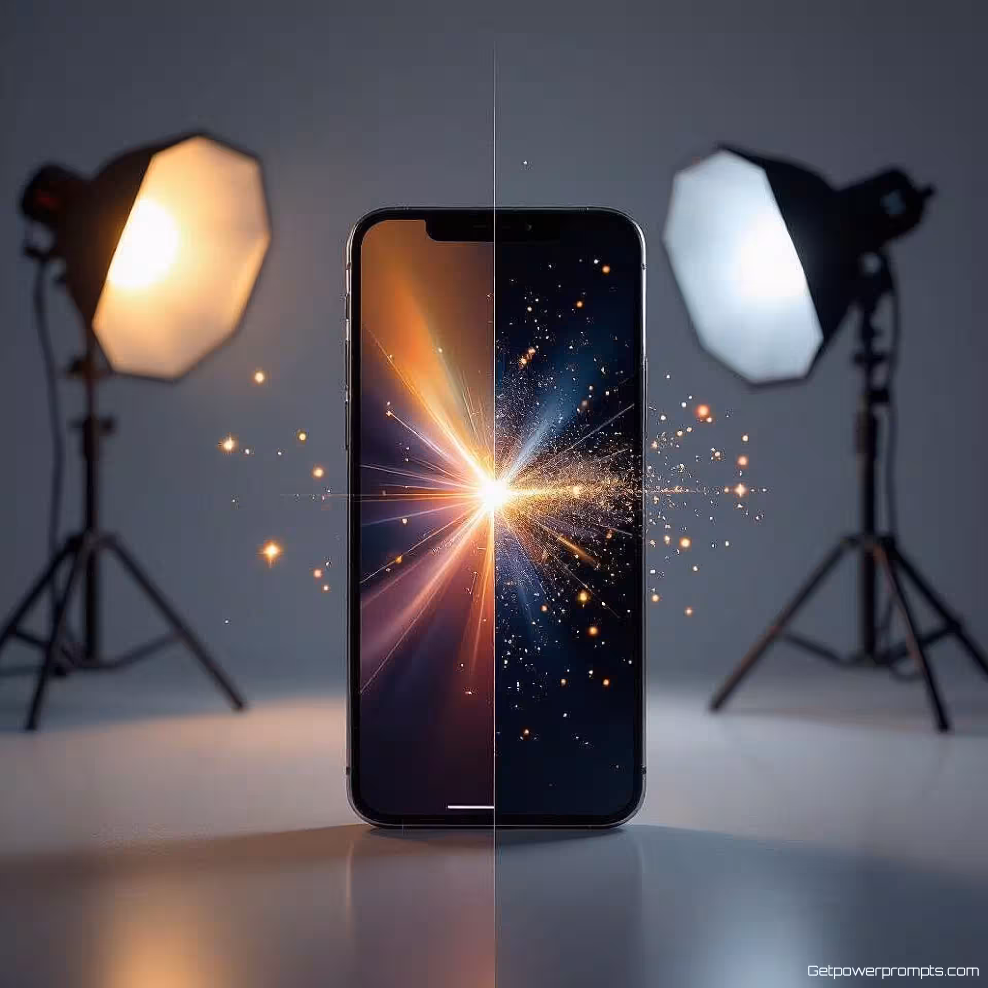 Smartphone, transformatiesequentie fotografie, fotorealistisch stijl, studio achtergrond, dramatisch verlichting, diagonaal perspectief, dynamisch atmosfeer, voor-en-na productevolutie, dynamisch visueel verhaal, professionele marketing esthetiek, naadloos overgangseffect, scherpe focus op transformatiefasen, commerciële aantrekkingskracht
