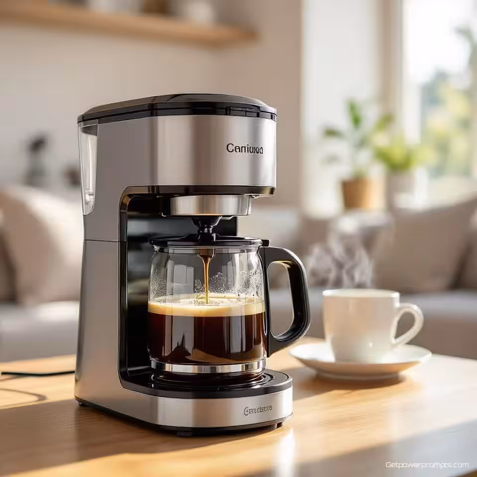 Koffiezetapparaat in gebruik, fotorealistisch stijl, woonkamer thuis achtergrond, natuurlijk daglicht verlichting, close-up perspectief, energiek atmosfeer, actiegerichte productdemonstratie, authentieke gebruikersinteractie, dynamische beweging, professionele marketingfotografie, ondiepe scherptediepte, levendige promotionele aantrekkingskracht