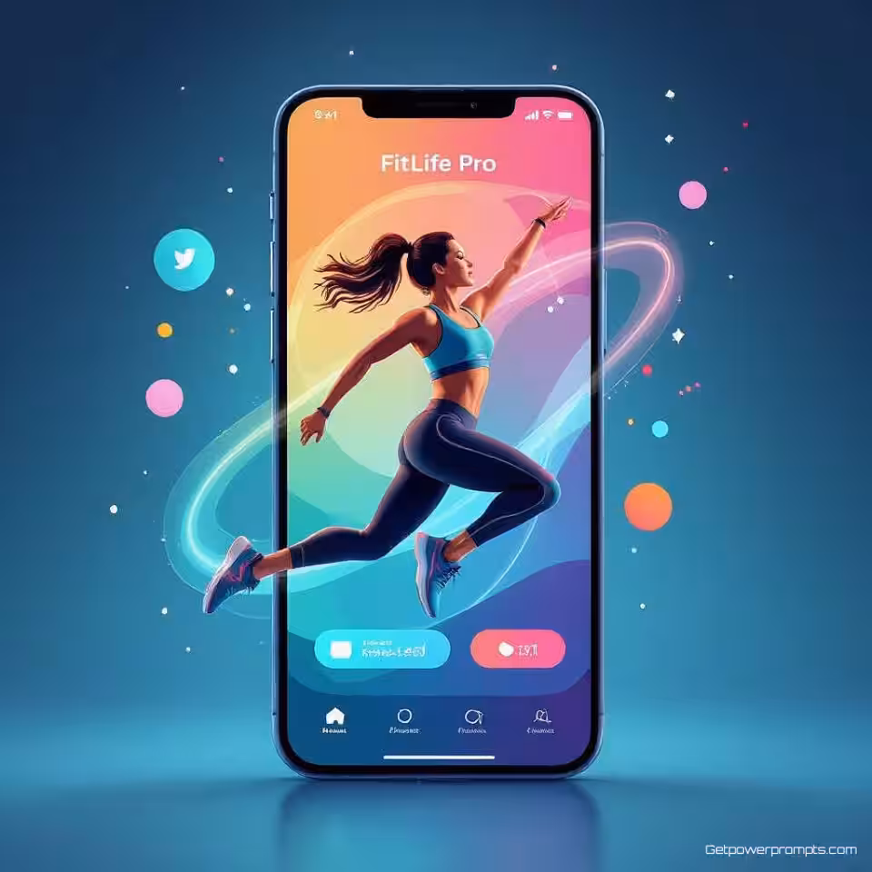 FitLife Pro App, social media grafisch ontwerp, digitale illustratie stijl, energiek sfeer, verloop achtergrond, zacht belichting, levendige promotie-esthetiek, moderne compositie, opvallende visuele weergave, marketingaantrekkingskracht, professionele digitale kunst