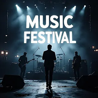 Muziekfestival, fotorealistisch, dramatisch sfeer, donker stedelijk achtergrond, zijverlichting verlichting, cinematografische compositie, dramatische schaduwen, professioneel evenementenbanner, schone typografieruimte, film noir esthetiek, hoog contrast verlichting, atmosferisch visueel verhaal