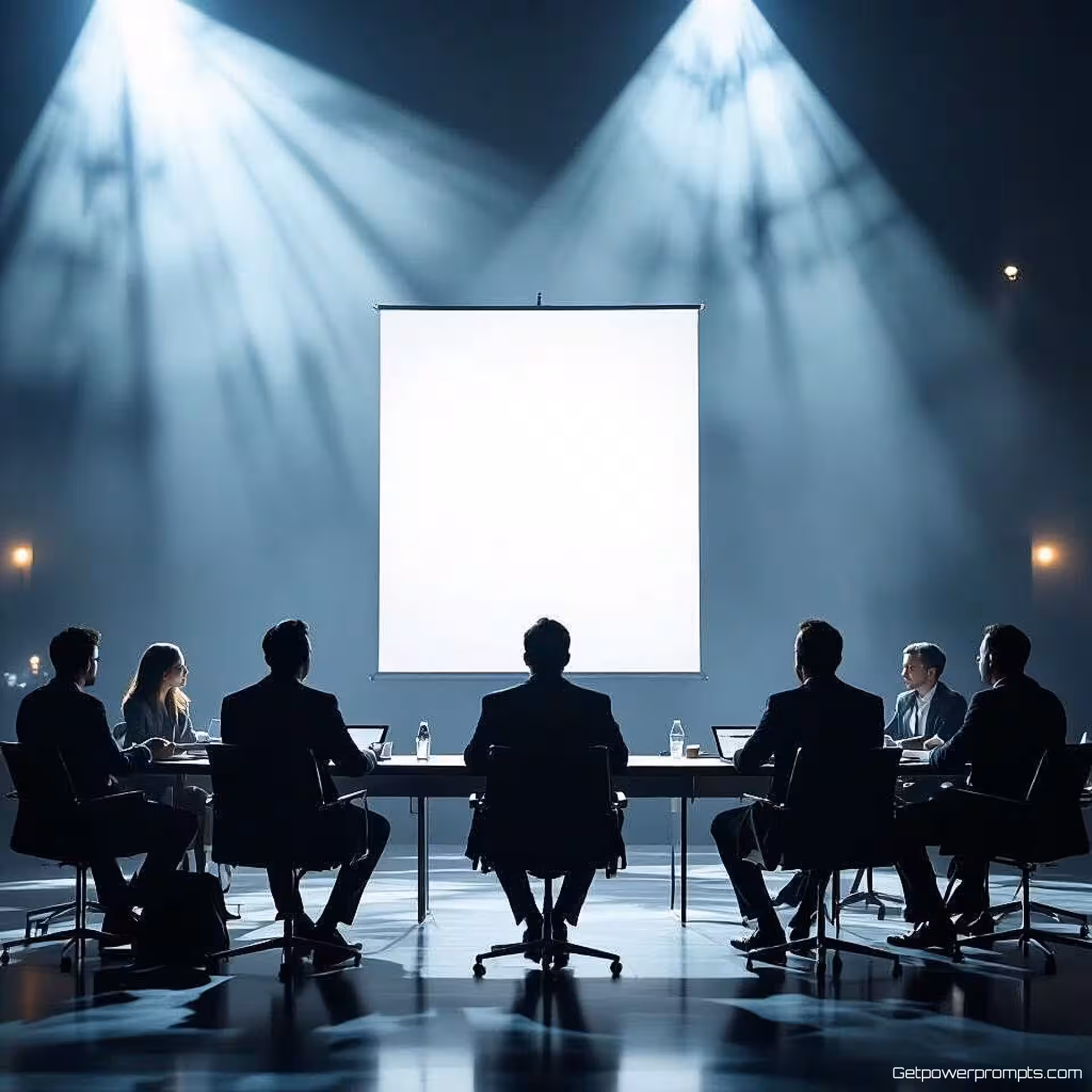 Zakelijke conferentie, fotorealistisch, dramatisch sfeer, donker stedelijk achtergrond, zijverlichting verlichting, cinematografische compositie, dramatische schaduwen, professioneel evenementenbanner, schone typografieruimte, film noir esthetiek, hoog contrast verlichting, atmosferisch visueel verhaal