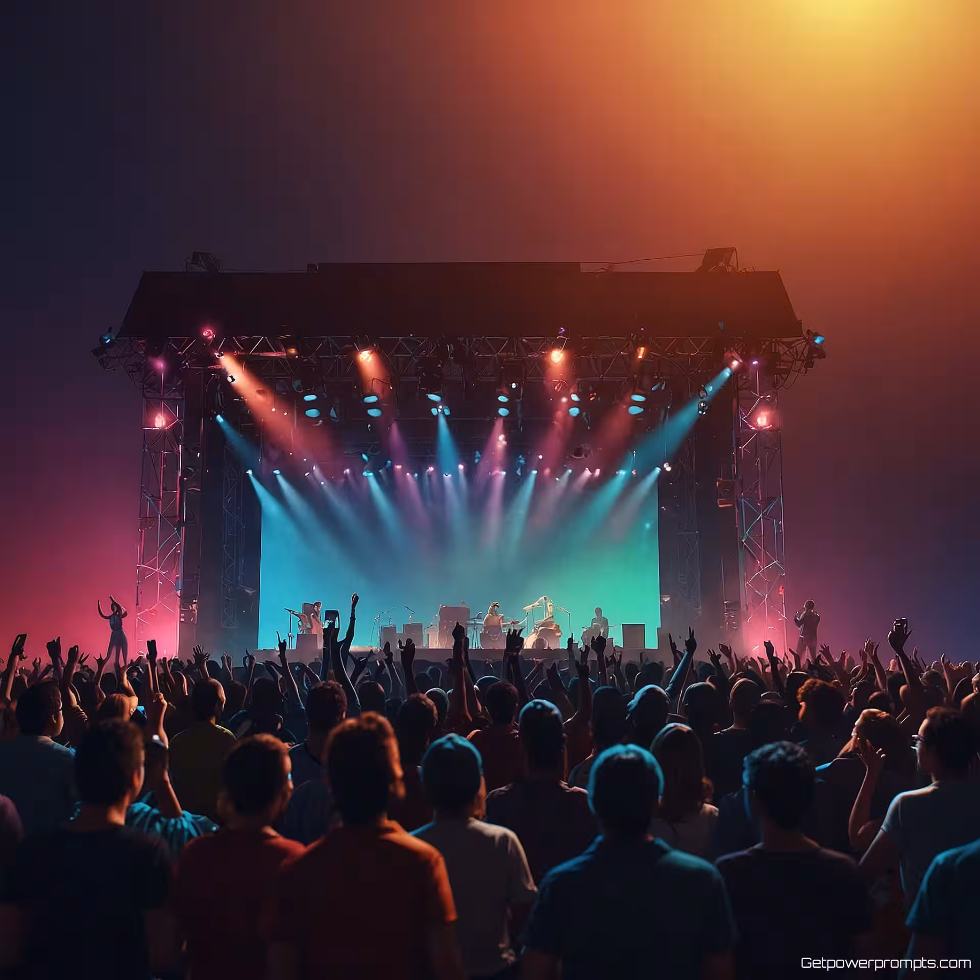 Muziekfestival podium met publiek, 3D render, energiek sfeer, gradiënt achtergrond, natuurlijk licht verlichting, professioneel evenement banner ontwerp, levendige kleuren, dynamische compositie, feestelijk thema
