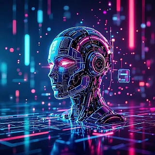 Kunstmatige intelligentie conferentie, cyberpunk esthetiek, futuristische sfeer sfeer, donker verloop achtergrond achtergrond, neon gloed verlichting verlichting, futuristische technologie-elementen, holografische interfaces, gloeiende neon accenten, cyberpunk esthetiek, digitale deeltjes, modern evenement banner ontwerp, schone typografie ruimte, sci-fi geïnspireerd, dynamische visuele effecten