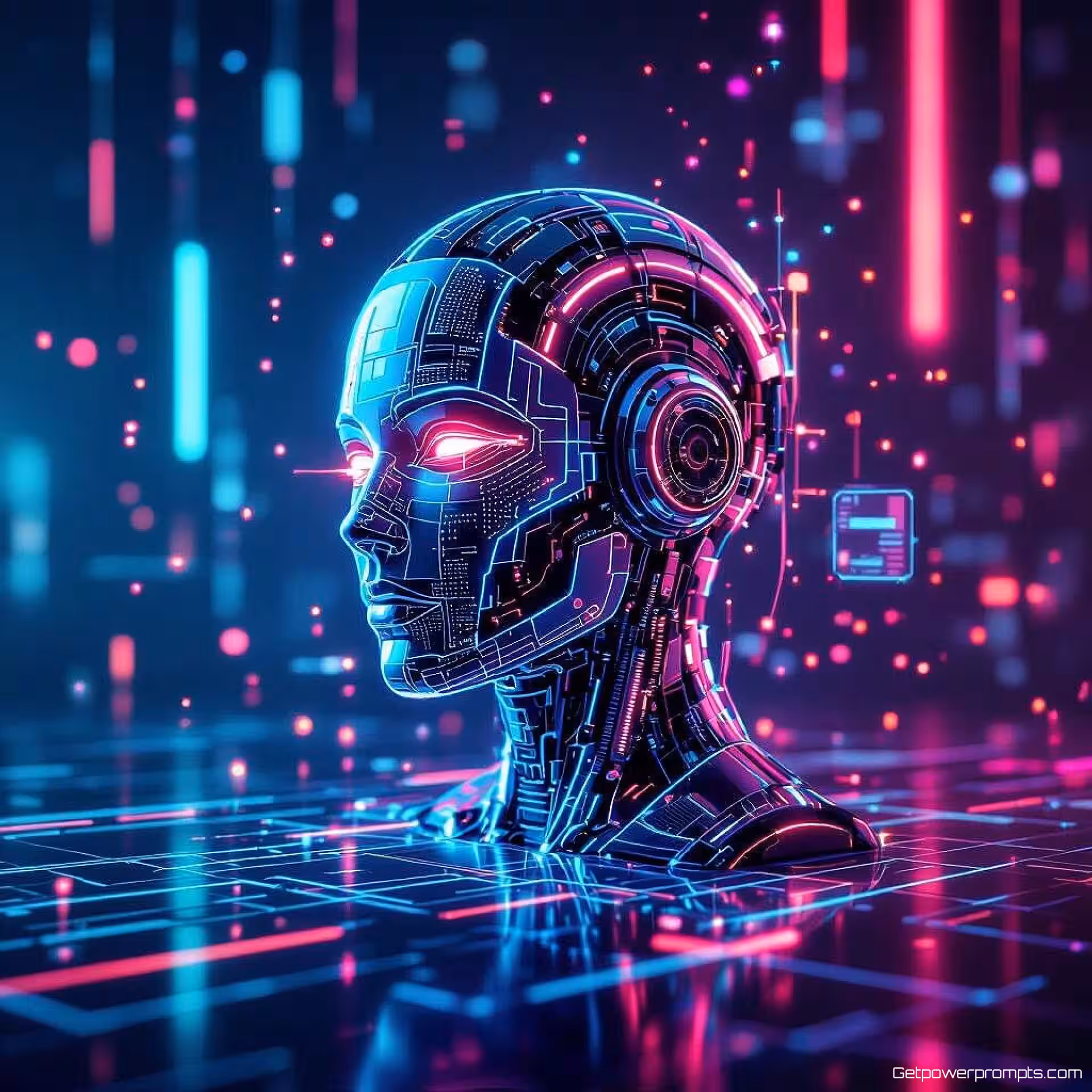 Kunstmatige intelligentie conferentie, cyberpunk esthetiek, futuristische sfeer sfeer, donker verloop achtergrond achtergrond, neon gloed verlichting verlichting, futuristische technologie-elementen, holografische interfaces, gloeiende neon accenten, cyberpunk esthetiek, digitale deeltjes, modern evenement banner ontwerp, schone typografie ruimte, sci-fi geïnspireerd, dynamische visuele effecten