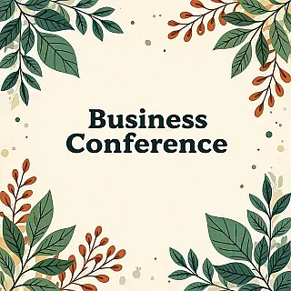 Zakelijke conferentie, digitale illustratie, energiek sfeer, natuurlijke texturen achtergrond, zacht natuurlijk licht verlichting, organische natuurlijke elementen, botanische patronen, vloeiende lijnen, natuurgeïnspireerd ontwerp, professionele evenementenbanner, schone typografie ruimte, aardse kleurenpalet, natuurlijke texturen