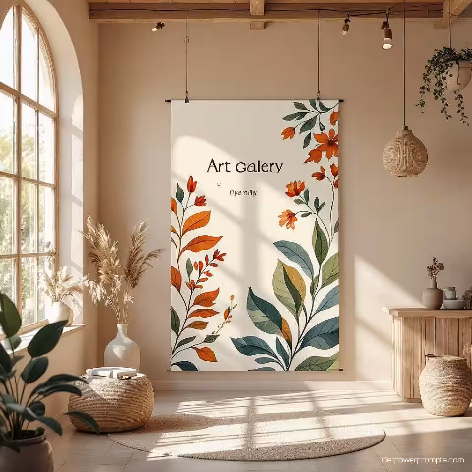 Kunstgalerie opening, digitale illustratie, energiek sfeer, natuurlijke texturen achtergrond, zacht natuurlijk licht verlichting, organische natuurlijke elementen, botanische patronen, vloeiende lijnen, natuurgeïnspireerd ontwerp, professionele evenementenbanner, schone typografie ruimte, aardse kleurenpalet, natuurlijke texturen