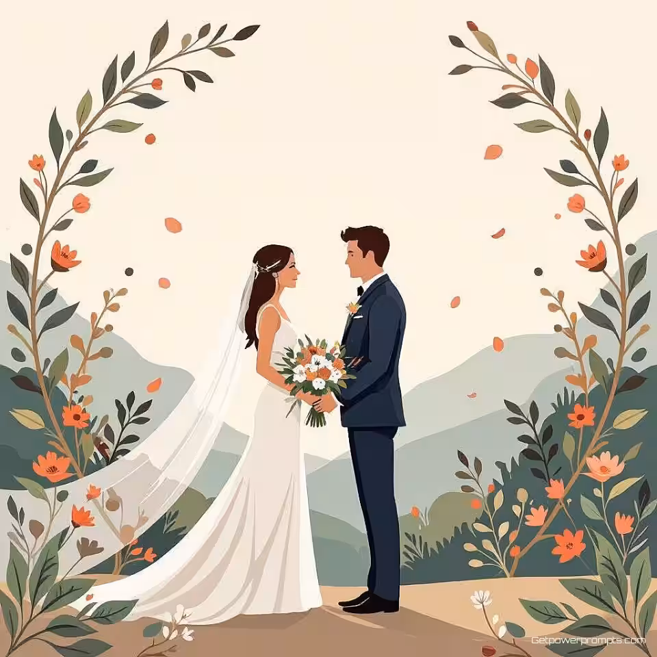 Trouwceremonie, digitale illustratie, energiek sfeer, natuurlijke texturen achtergrond, zacht natuurlijk licht verlichting, organische natuurlijke elementen, botanische patronen, vloeiende lijnen, natuurgeïnspireerd ontwerp, professionele evenementenbanner, schone typografie ruimte, aardse kleurenpalet, natuurlijke texturen