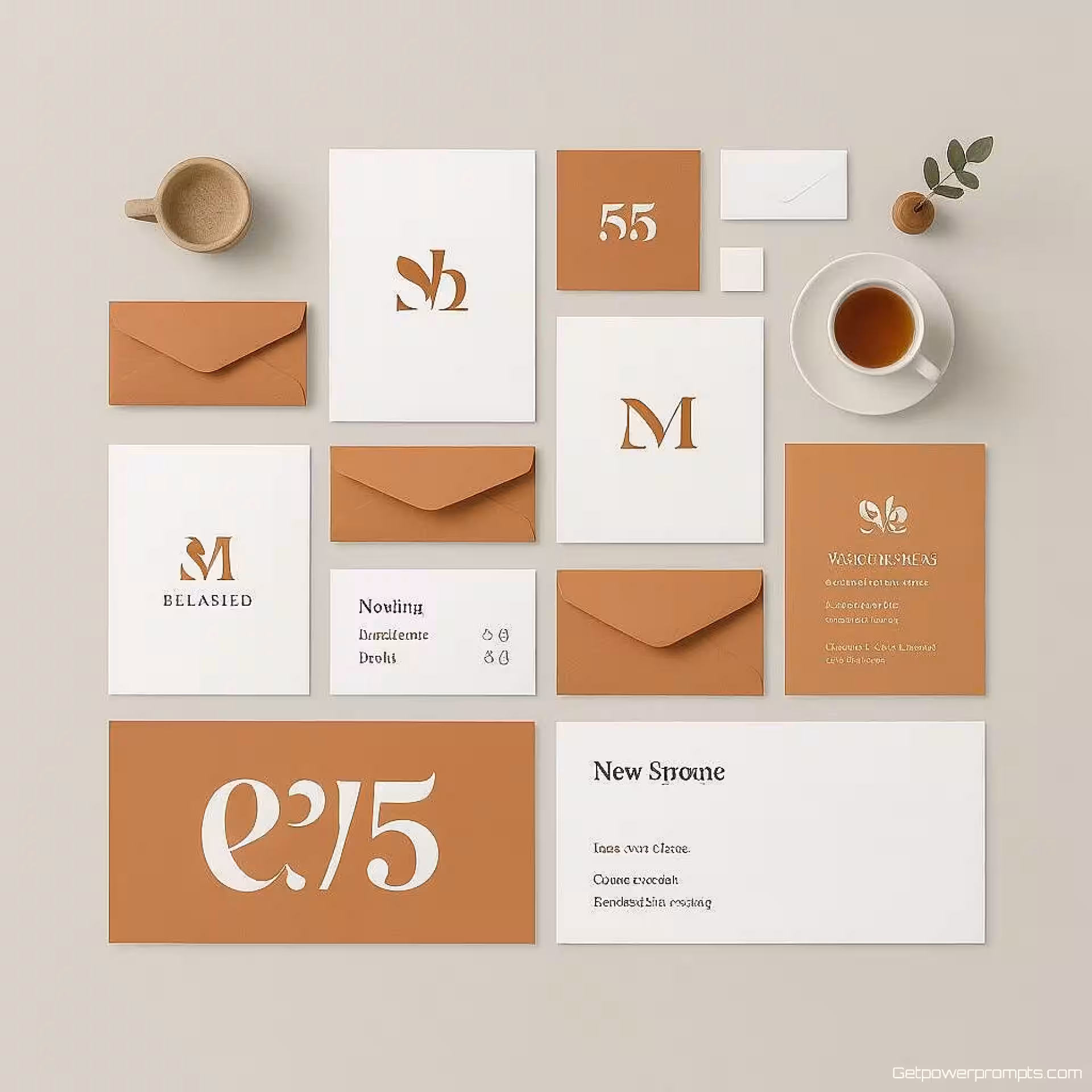 Pictogrammen, minimalistisch merkbord, warm zakelijk kleurenschema, effen achtergrond, grid compositie, professioneel atmosfeer, professionele merkidentiteit, samenhangend visueel systeem, marketingmateriaal, schone typografie-integratie, veelzijdige brandingelementen