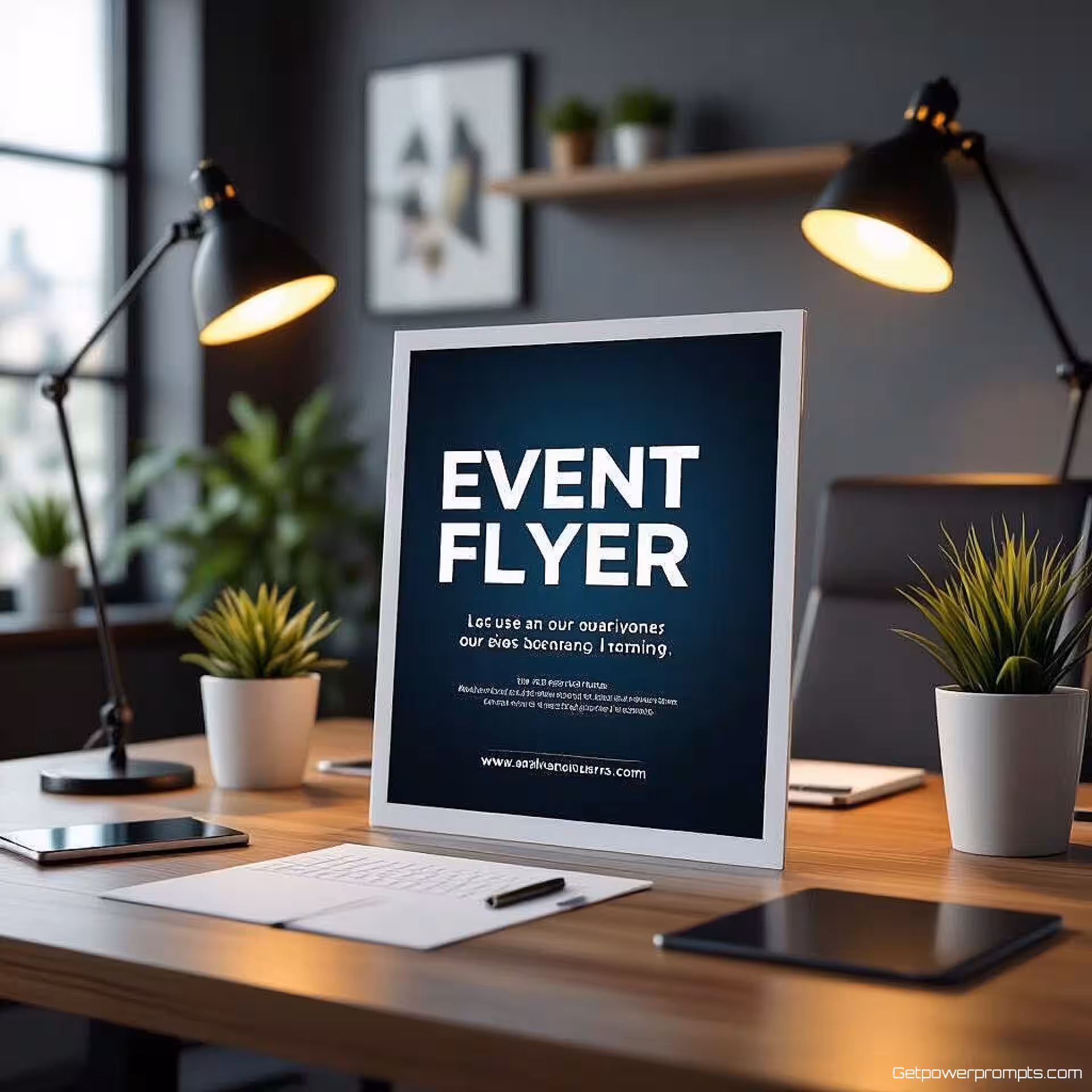 Evenementenflyer, fotorealistisch mockup, kantoortafel achtergrond, zacht natuurlijk licht verlichting, professioneel sfeer, professionele presentatie, realistische plaatsing, schone compositie, veelzijdige marketingvisual, zakelijk document esthetiek